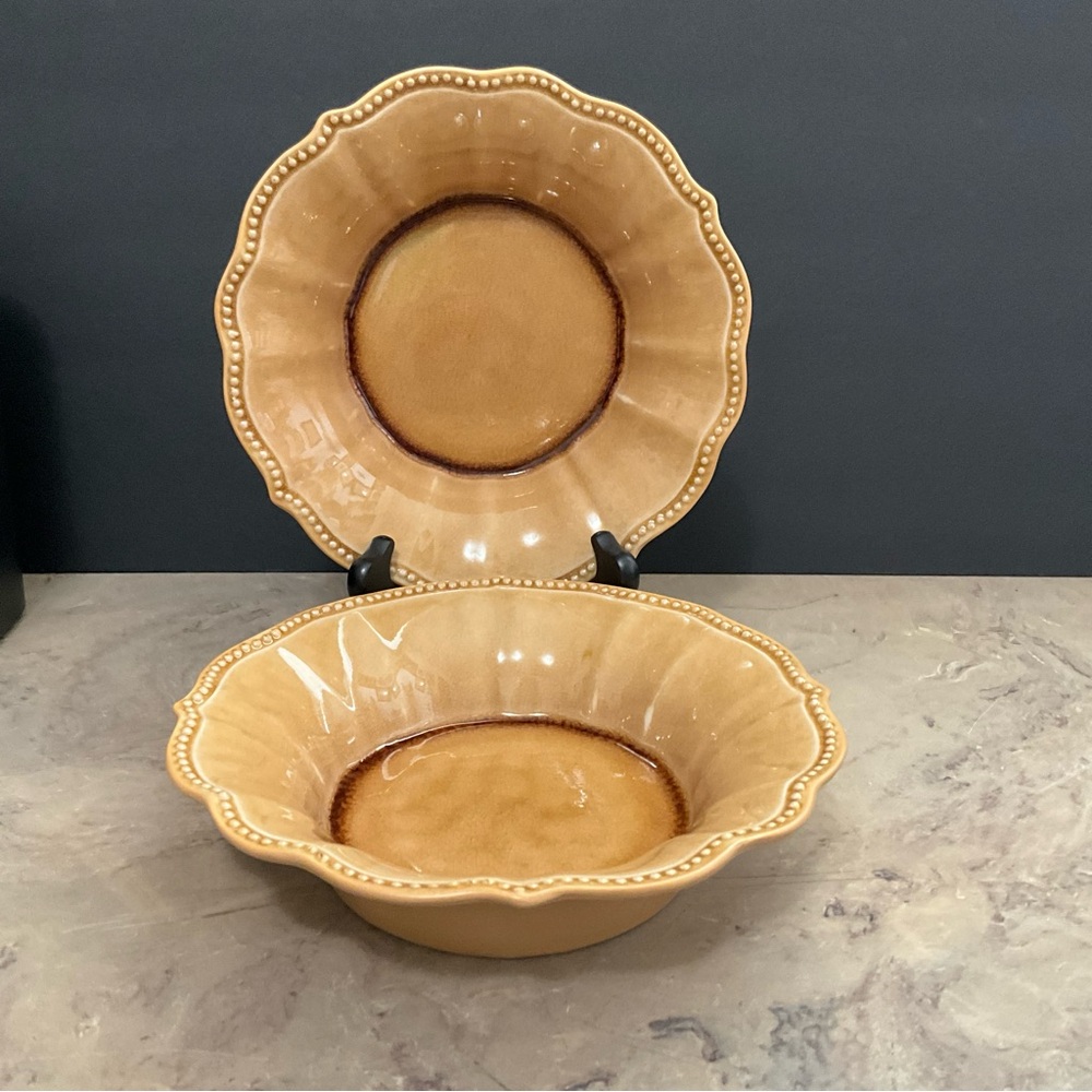 Pioneer Woman Paige Amber Soup Bowl Crackle Glaze Beaded Scalloped 8.5" Set Of 2